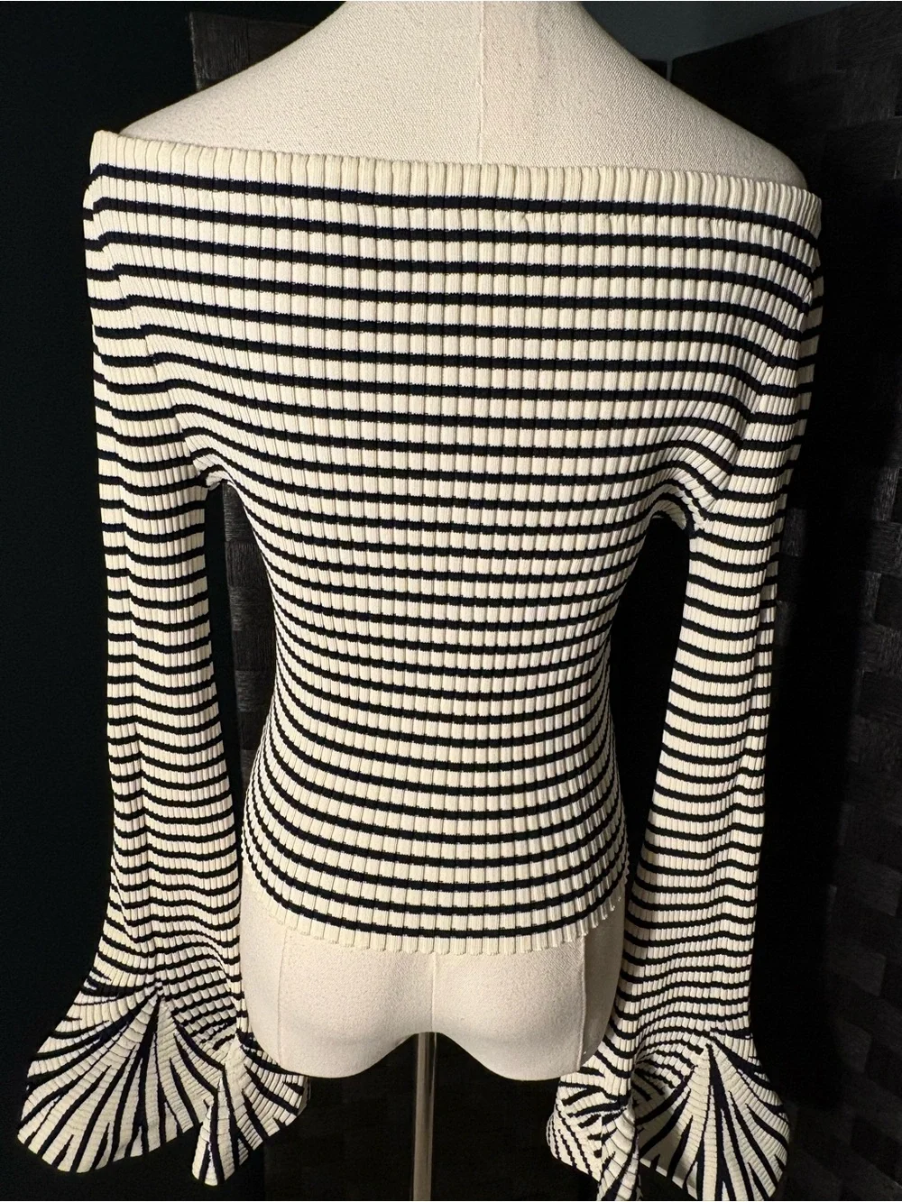 Off-The-Shoulder Striped Ribbed Knit Bell Sleeve Sweater Top